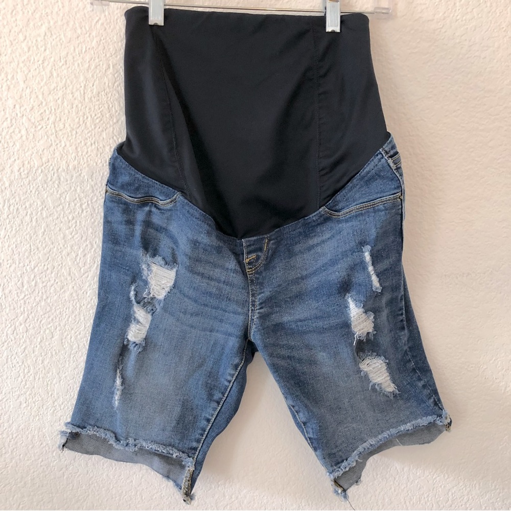 Isabel Maternity Distressed Over Belly Jean Shorts.